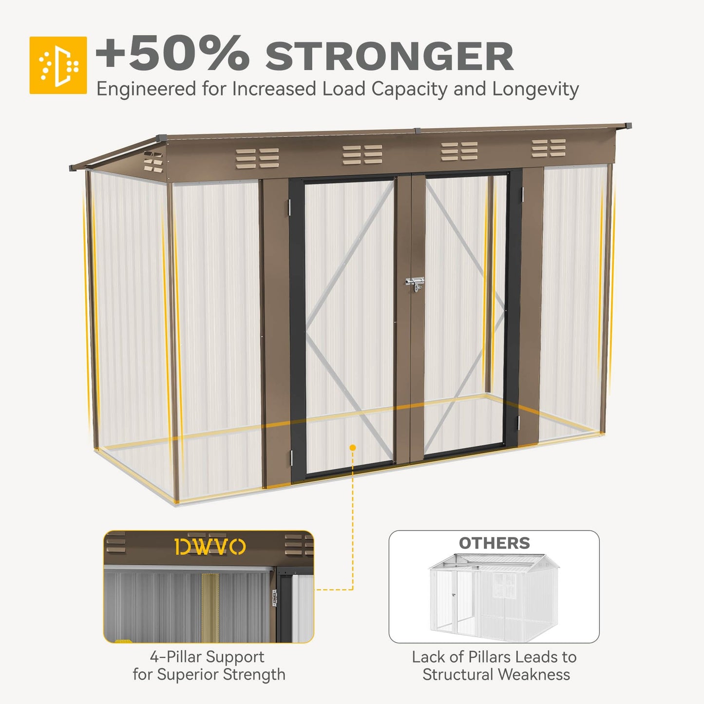 DWVO 9' x 4' Outdoor Storage Shed, Large Metal Tool Sheds, Heavy Duty Storage House with Lockable Doors & Air Vent for Backyard Patio Lawn to Store Bikes, Tools, Lawnmowers, Brown