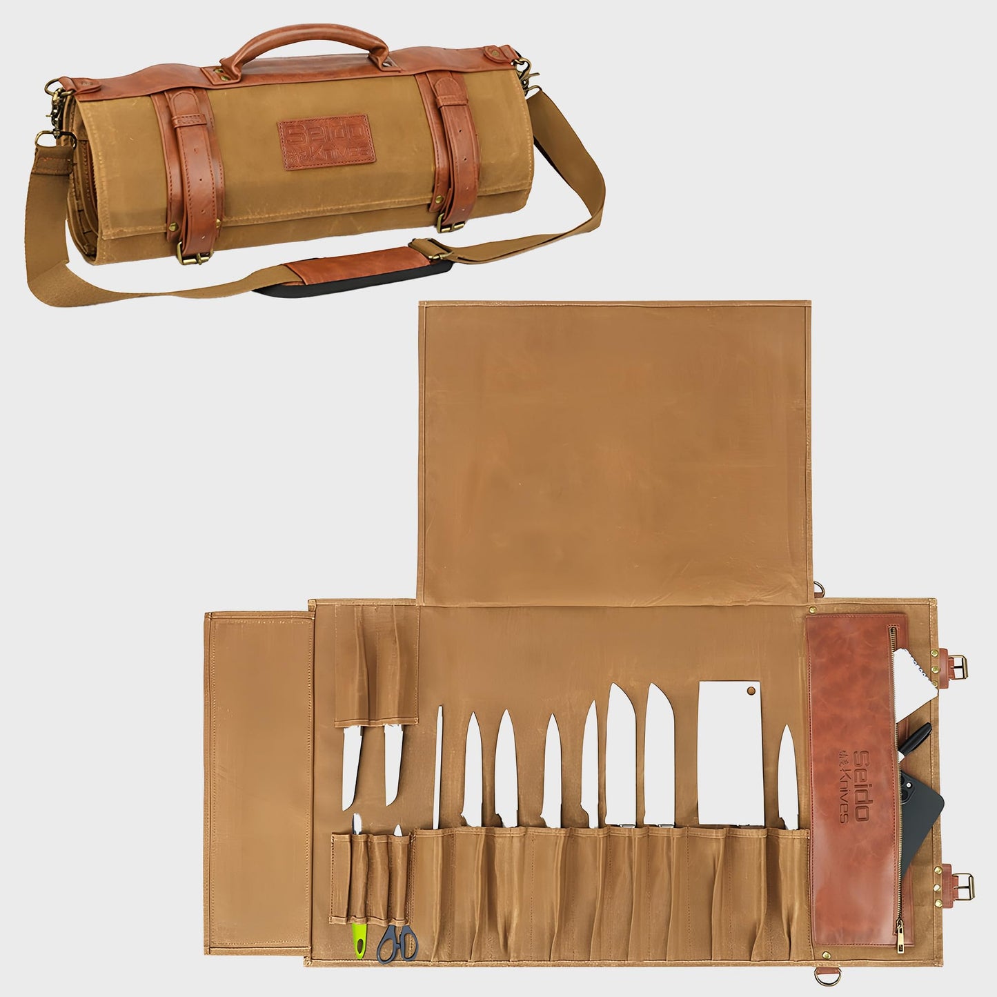 Seido Knives Classic Knife Roll Bag - Heavy Duty Canvas & Leather - Holds 18 Culinary Tools, Including 12 Large Knives, 4 Utensil Slots, and 2 Meat Cleaver Compartments