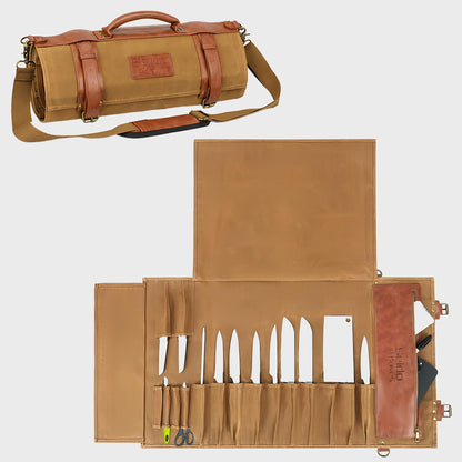 Seido Knives Classic Knife Roll Bag - Heavy Duty Canvas & Leather - Holds 18 Culinary Tools, Including 12 Large Knives, 4 Utensil Slots, and 2 Meat Cleaver Compartments