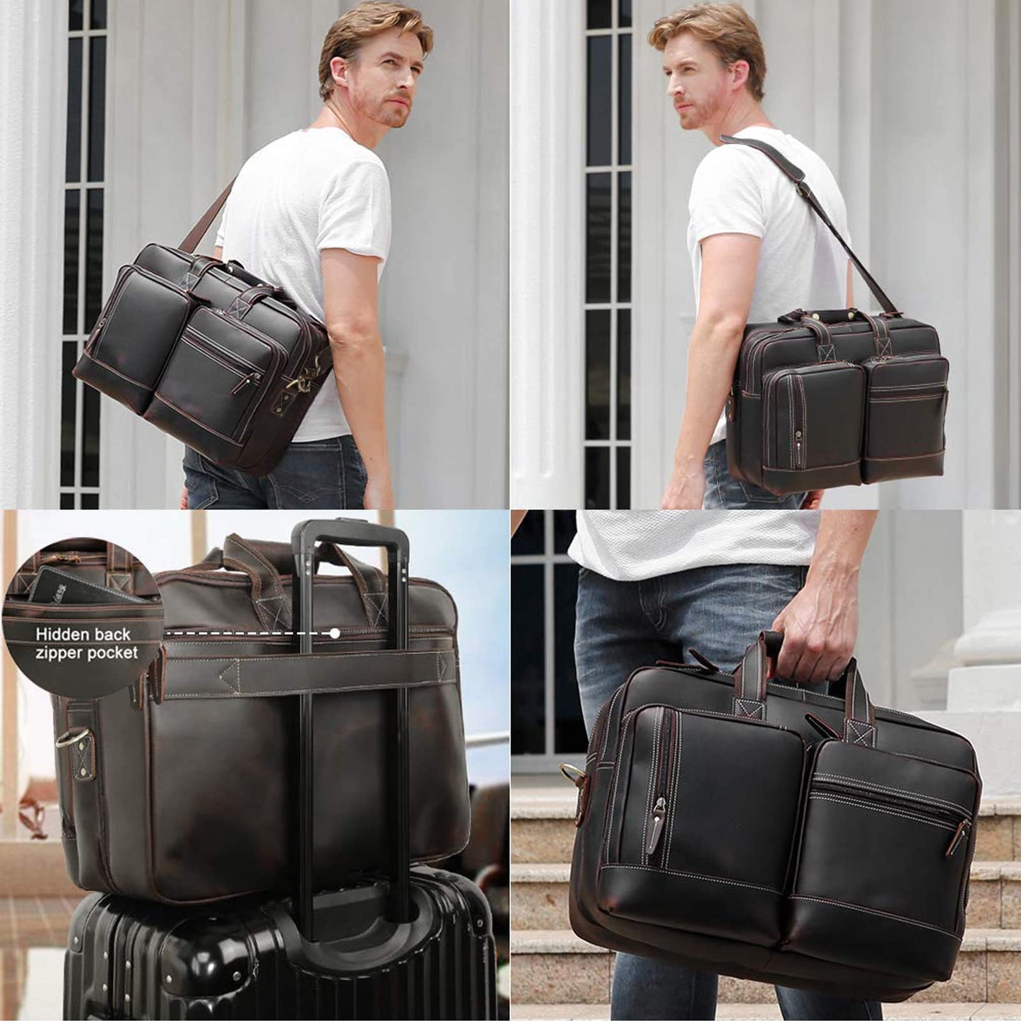 Masa Kawa Leather Briefcase for Men Expandable Large Vintage 17 Inch Laptop Messenger Bag Crossbody Shoulder Business Travel Duffel Bags Attache Case