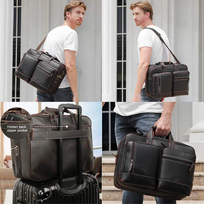 Masa Kawa Leather Briefcase for Men Expandable Large Vintage 17 Inch Laptop Messenger Bag Crossbody Shoulder Business Travel Duffel Bags Attache Case