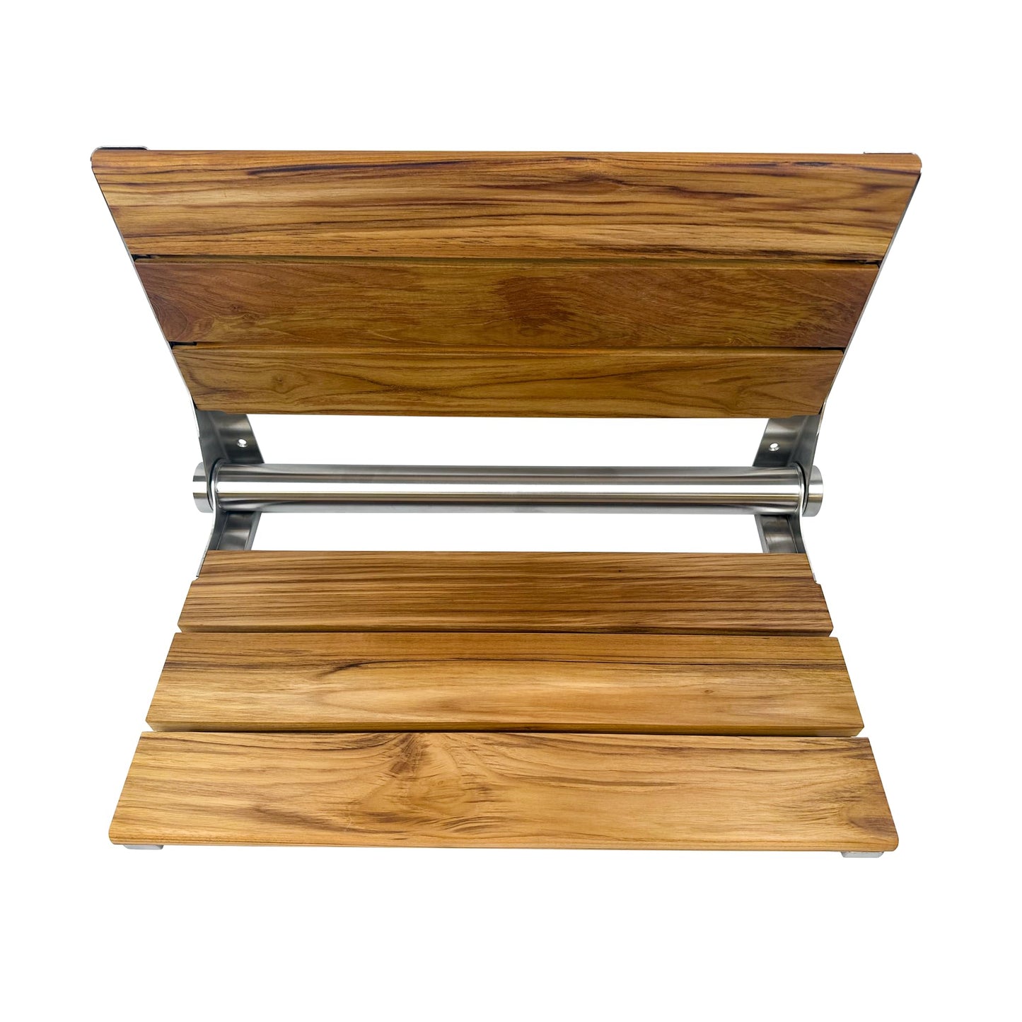 Teak Shower Seat Bench with Back - Wall Mounted Fold Up Shower Seat, Waterproof Folding Teak Bath Chair for Seniors, 304 Stainless Steel, with 300 lbs Capacity - 24" Length, Brushed Stainless Finish