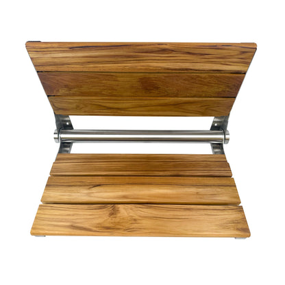 Teak Shower Seat Bench with Back - Wall Mounted Fold Up Shower Seat, Waterproof Folding Teak Bath Chair for Seniors, 304 Stainless Steel, with 300 lbs Capacity - 24" Length, Brushed Stainless Finish