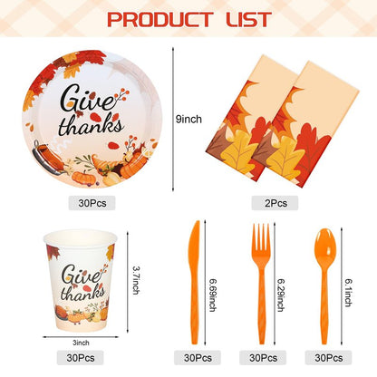 Childom 152Pcs Thanksgiving Plates and Cups,Disposable Thanks Giving Dinnerware Set,Thanksgiving Decorations,Thanks Giving Party Supplies,Give Thanks Tablecloth Plates Cups Forks Knives Spoon,Serve 30