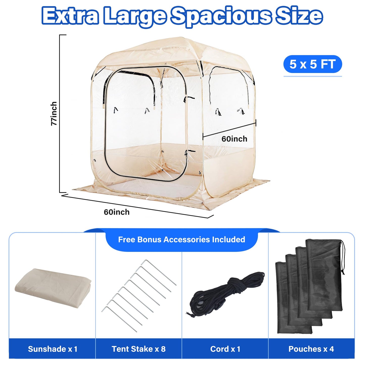 DIAMONDFORGE Pop Up Sports Tent 5x5 FT, Portable Waterproof Clear Tent with Removable Top Cover for 2-3 Person, Instant Setup, Spacious BubbleTent for Outside, Patio and Outdoor Activities, Beige
