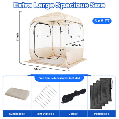 DIAMONDFORGE Pop Up Sports Tent 5x5 FT, Portable Waterproof Clear Tent with Removable Top Cover for 2-3 Person, Instant Setup, Spacious BubbleTent for Outside, Patio and Outdoor Activities, Beige