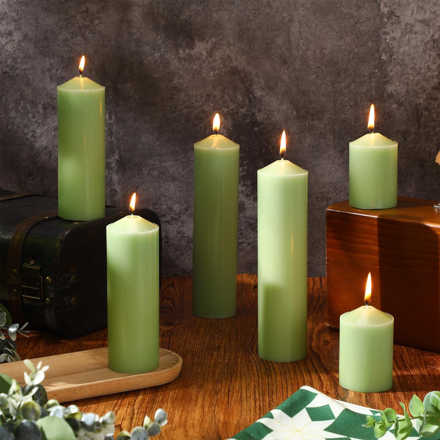 MTLEE 6 Pcs Pillar Candles 3 Set 2 in x 3, 6, 8 Inch Smokeless Dripless Unscented Pillar Candles Long Clean Wax for Wedding Dinner Party Spa Emergency Ceremony Home Decor (Green)