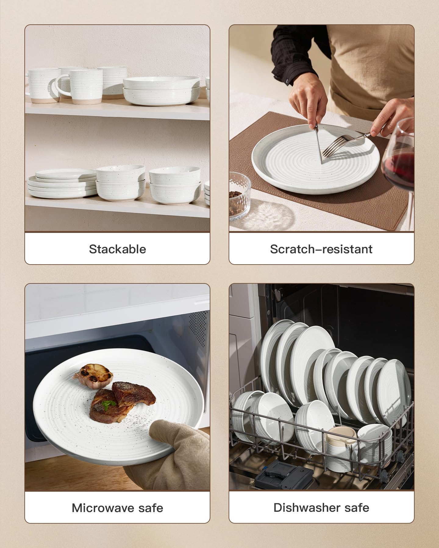 Famiware Premium 24-Piece Stoneware Dinnerware Sets for 8 - Coupe Plates and Bowls with Speckles & Spirals - Chip & Scratch Resistant, Microwave & Dishwasher Safe - Farmhouse Dishes - Gift Box, White