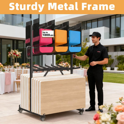 Folding Chair Rack, Heavy Duty Folding Chair Cart with Swivel Wheels,Table Cart for 84 Chair or 12 Tables,1000LBS Capacity, Multi-Function Chair Storage Dolly with Outdoor Cover and 2 Binding Ropes