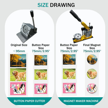 SENBORYSUN Magnet Maker Machine Kit, 2.95" DIY Photo Fridge Button Press & 75mm Button Paper Cutter with 100pcs Consumables, Round Metal Punch Set for Pin Badge & Magnets, Sticker Making Supplies