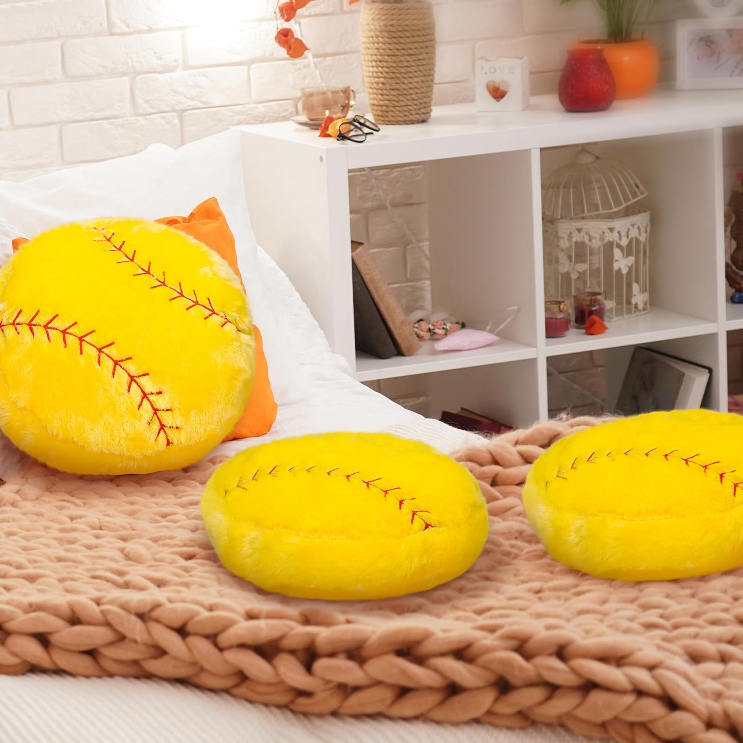 Gerrii 6 Pcs Softball Pillows 14 inch Sports Throw Pillow Bulk Softball Plush Fluffy Toys Sport Theme Cushion for Team Gift Room Bedroom Decoration