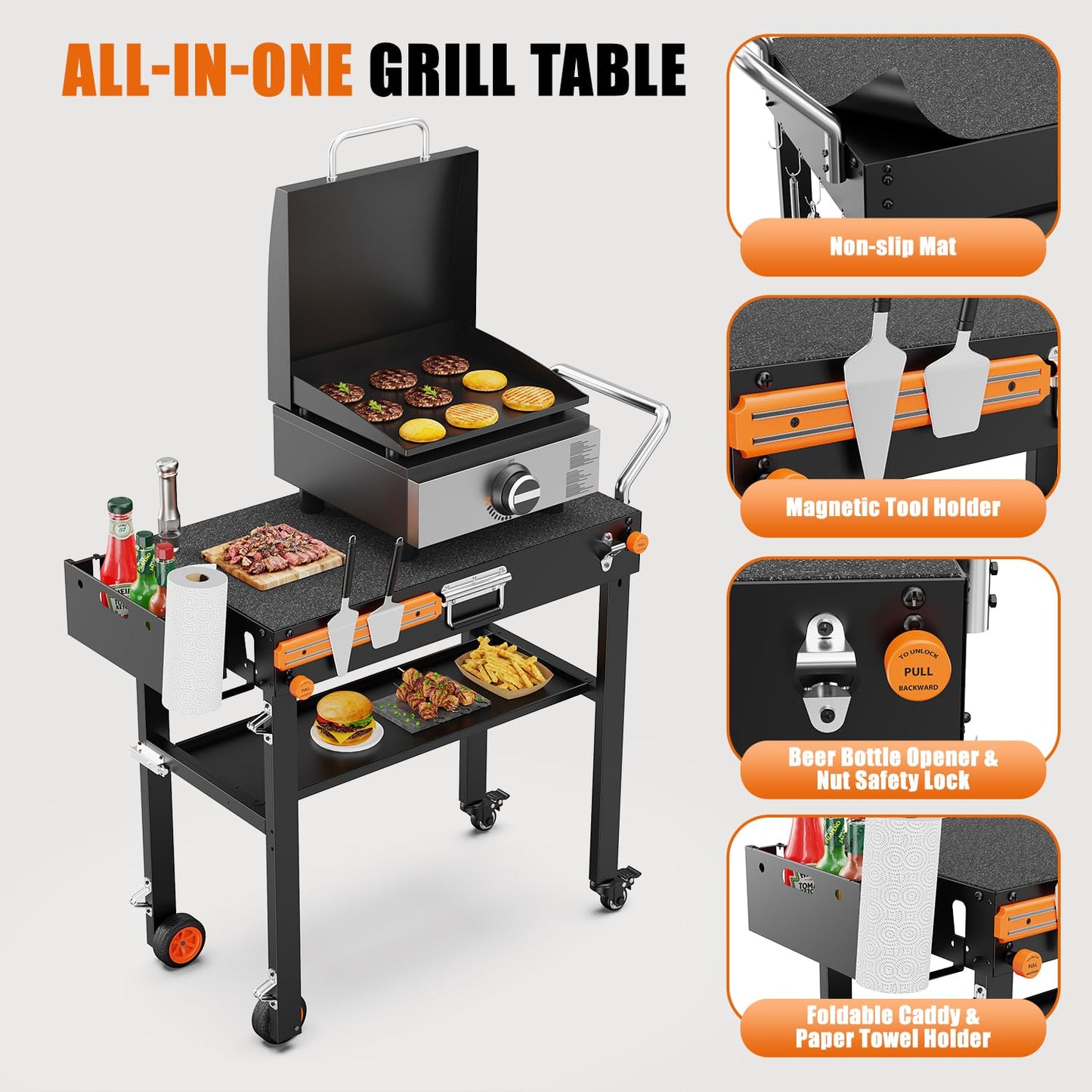 AOKEMAi Grill Table for Blackstone Griddle 17” or 22”, Portable Grill Cart with Wheels for Ninja, Outdoor Grill Table with Large Space, Foldable Griddle Stand ＆ BBQ Prep Tables for Tailgating Camping