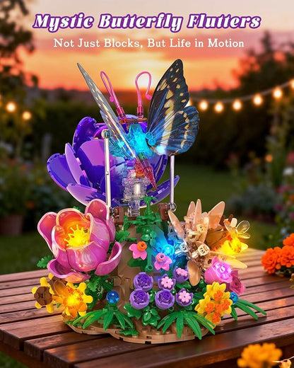 JMBricklayer Butterfly Building Set with Light for Adults Botanical Flowers Collection Building Blocks Set Creative Birthday Valentine's Day Gift for Women Mom Girlfriend Wife