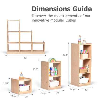Bolocon Modular 3-Piece Cube Storage Cabinet, L-Shaped Reversible Ladder Corner Bookshelf with 6+ Cubes, 4-Tier Wooden Freestanding Organizer for Kids Room & Home Office, Natural