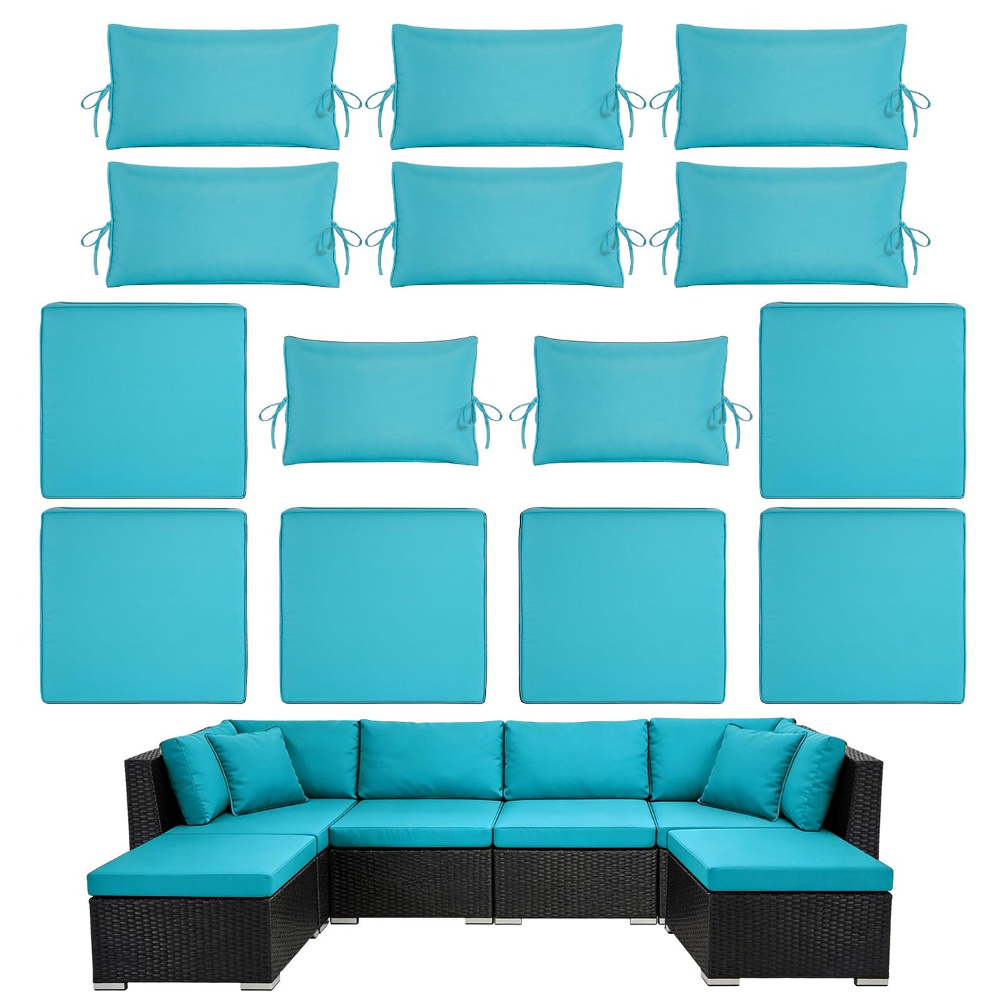 Cabubra 14pcs Outdoor Patio Furniture Cushion Covers, Waterproof & Sun-Resistant Zippered,Fit for Patio Furniture Sectional Sofas and Wicker Rocking Chairs,3 Sizes,Lake Blue,Covers Only