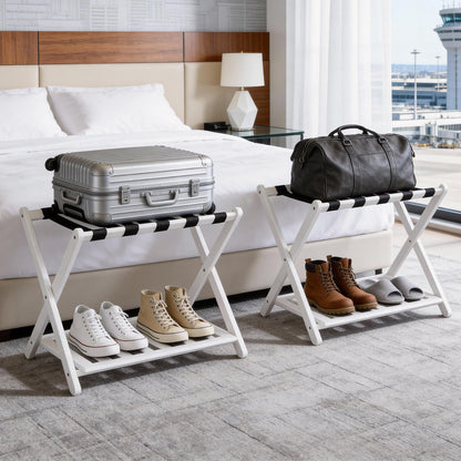 Oakvora Luggage Rack for Guest Room - Set of 2 Full Assembled 26.77" L Luggage Rack Stand for Suitcases, Foldable Luggage Holder with Shoe Shelf for Bedroom, Hotel (White Bamboo Suitcase Stands)