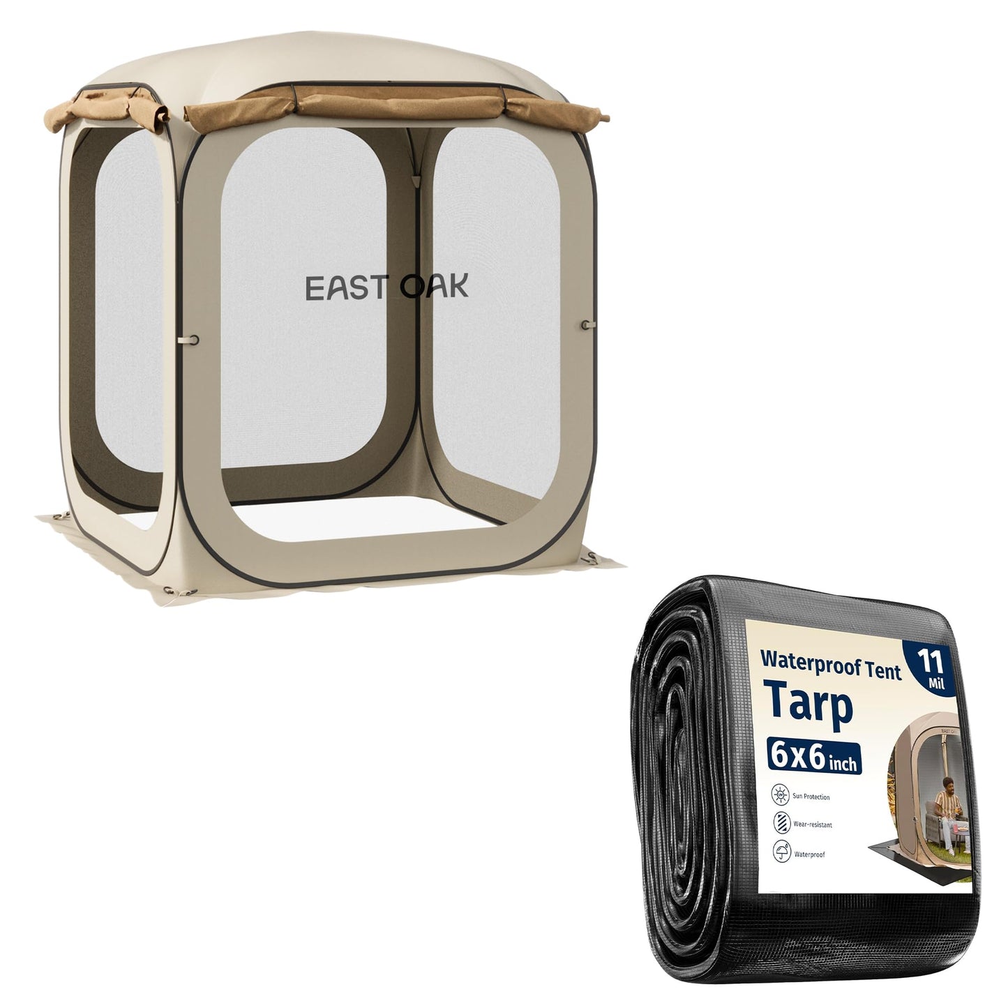 Bundle of East OAK 6×6 FT Pop Up Canopy Tent with MeshInstant Canopy with Portable Carry Bag, Beige + EAST OAK 6x6 FT Waterproof Tarps for Outdoors as Tent Floor Mat