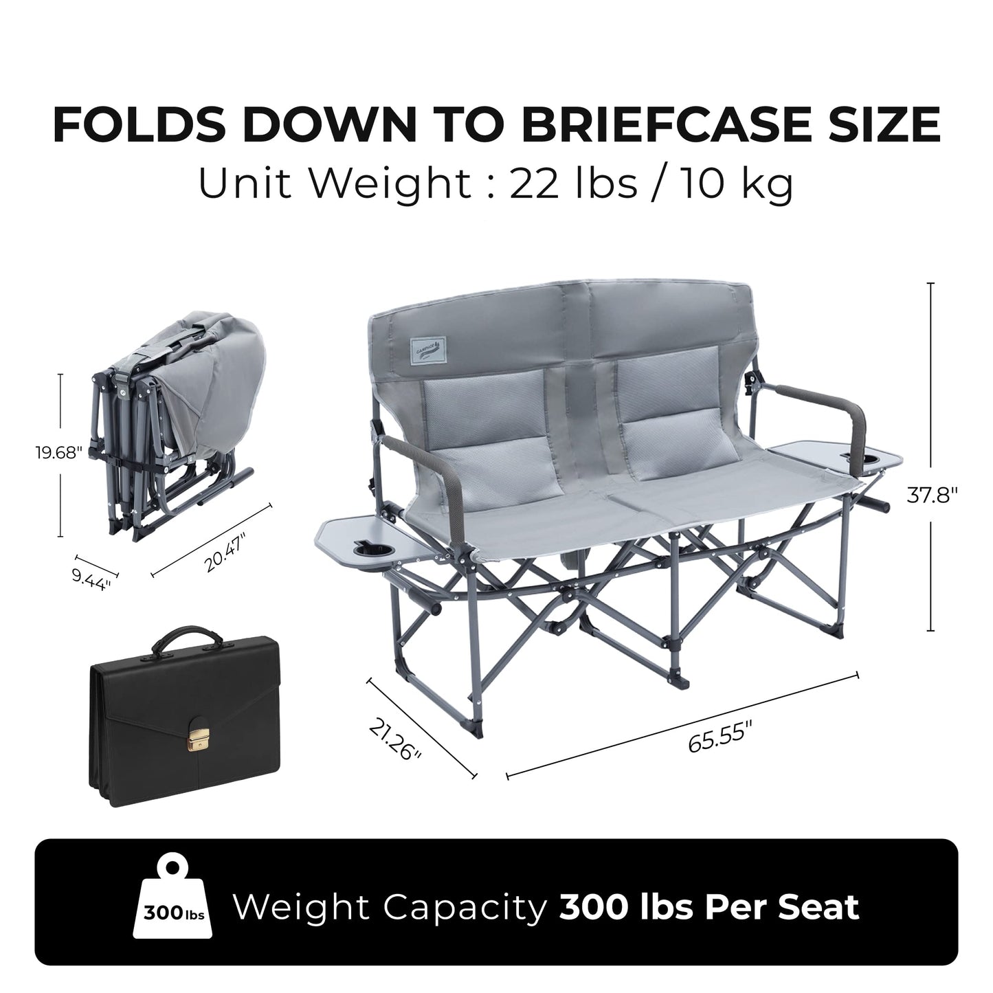 Camphor Designs Oversized Double Portable Folding Director’s Loveseat Chair with Padded Backrest, Side Table | Outdoor Sports, Beach, Lawn, Hunting, Tailgating, Fishing| Supports 300 Lbs/Seat