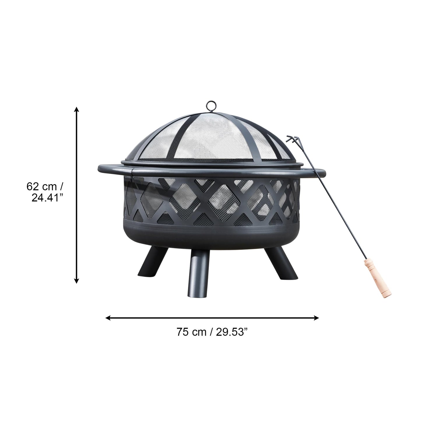 Teamson Home Round Steel Outdoor Fire Pit Outside Wood Burning Firepit Bonfire with Firebowl, Poker, Mesh Screen for Patio Garden Backyard BBQ, 30 Inch, Black