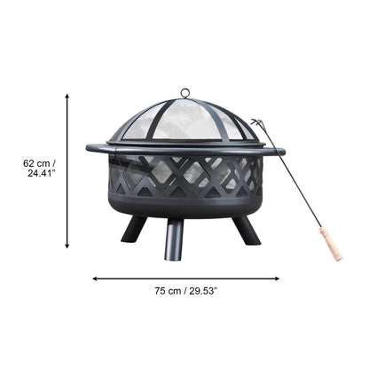 Teamson Home Round Steel Outdoor Fire Pit Outside Wood Burning Firepit Bonfire with Firebowl, Poker, Mesh Screen for Patio Garden Backyard BBQ, 30 Inch, Black