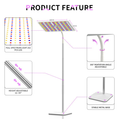 BESTVA 36W Grow Lights with Stand, Full Spectrum LED Plant Light, 12-59 Inch Height Adjustable Growing Lamp with Auto On/Off Timer 4H/8H/12H, 4 Dimmable Brightness