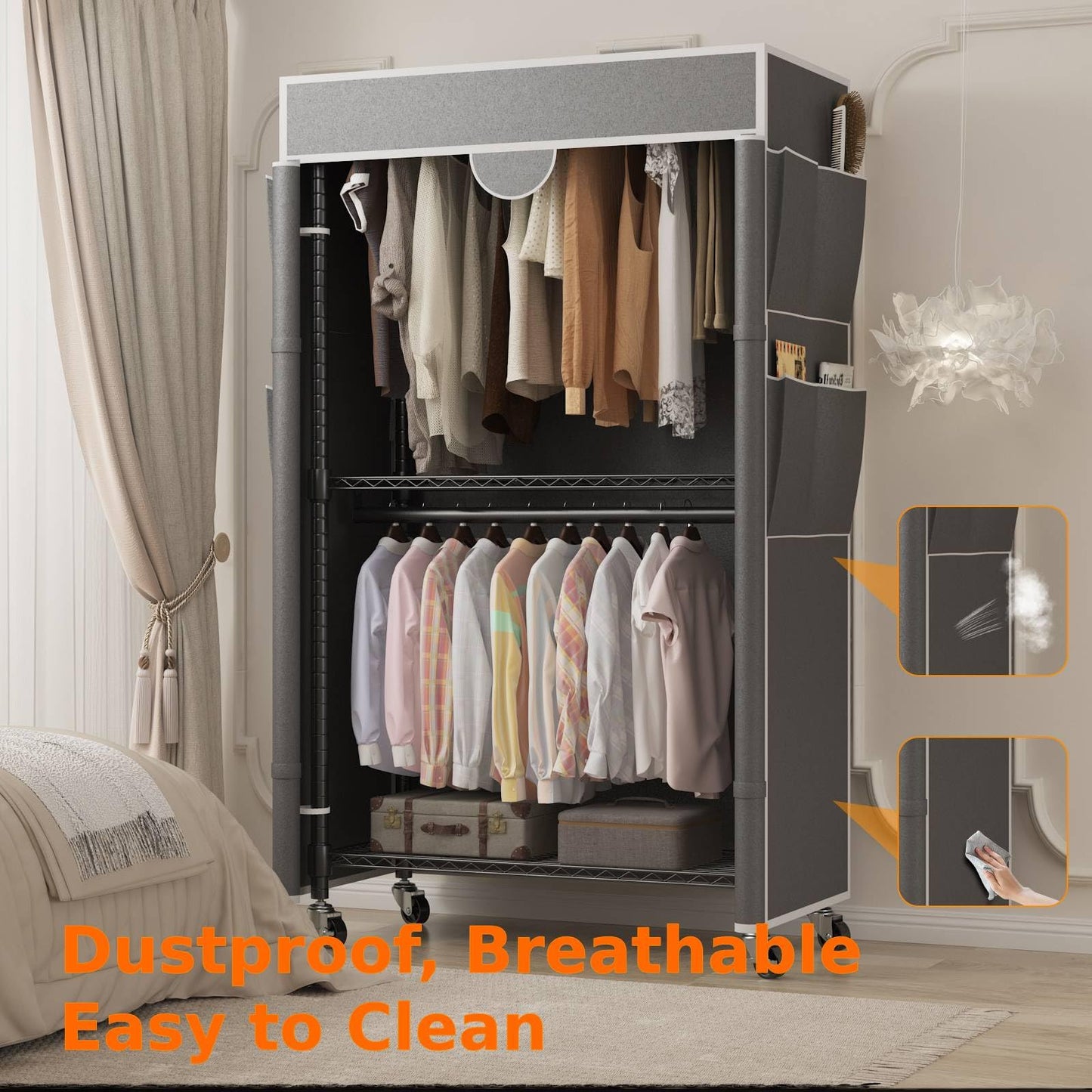 Homdox Garment Rack with Cover, Heavy Duty Clothing Rack for Hanging Clothes, Portable Closet Wardrobe, Double Rods Garment Rack with wheels, 35.1" W x 17.4" D x 80.6" H, Gray
