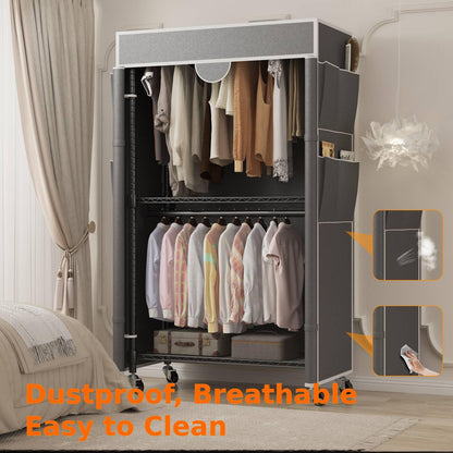 Homdox Garment Rack with Cover, Heavy Duty Clothing Rack for Hanging Clothes, Portable Closet Wardrobe, Double Rods Garment Rack with wheels, 35.1" W x 17.4" D x 80.6" H, Gray