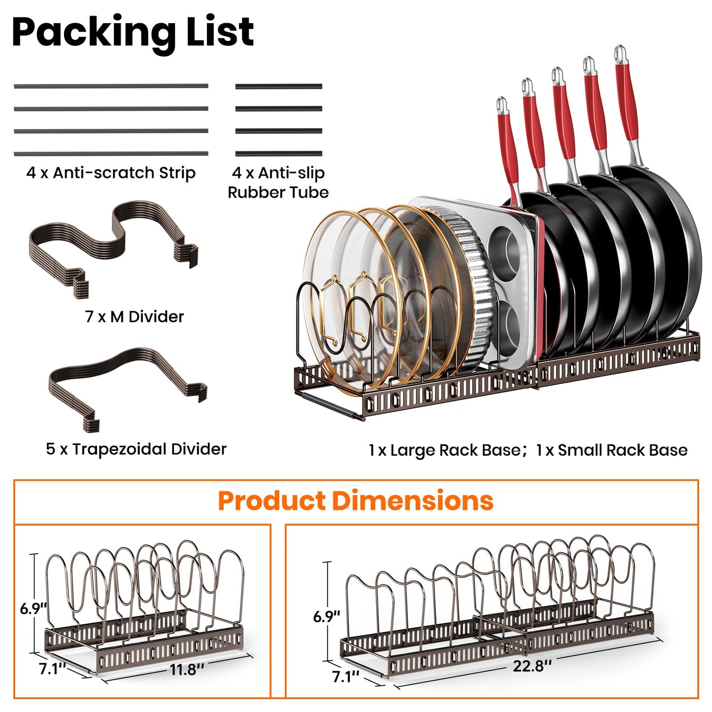 MUDEELA Pots and Pans Organizer Rack for under Cabinet, Expandable 11.81''-22.85'' Pot Lid Kitchen Cabinet Organizer Holder with 10 Adjustable Compartment Cutting Board Organizer for Pan Lid, Bakeware