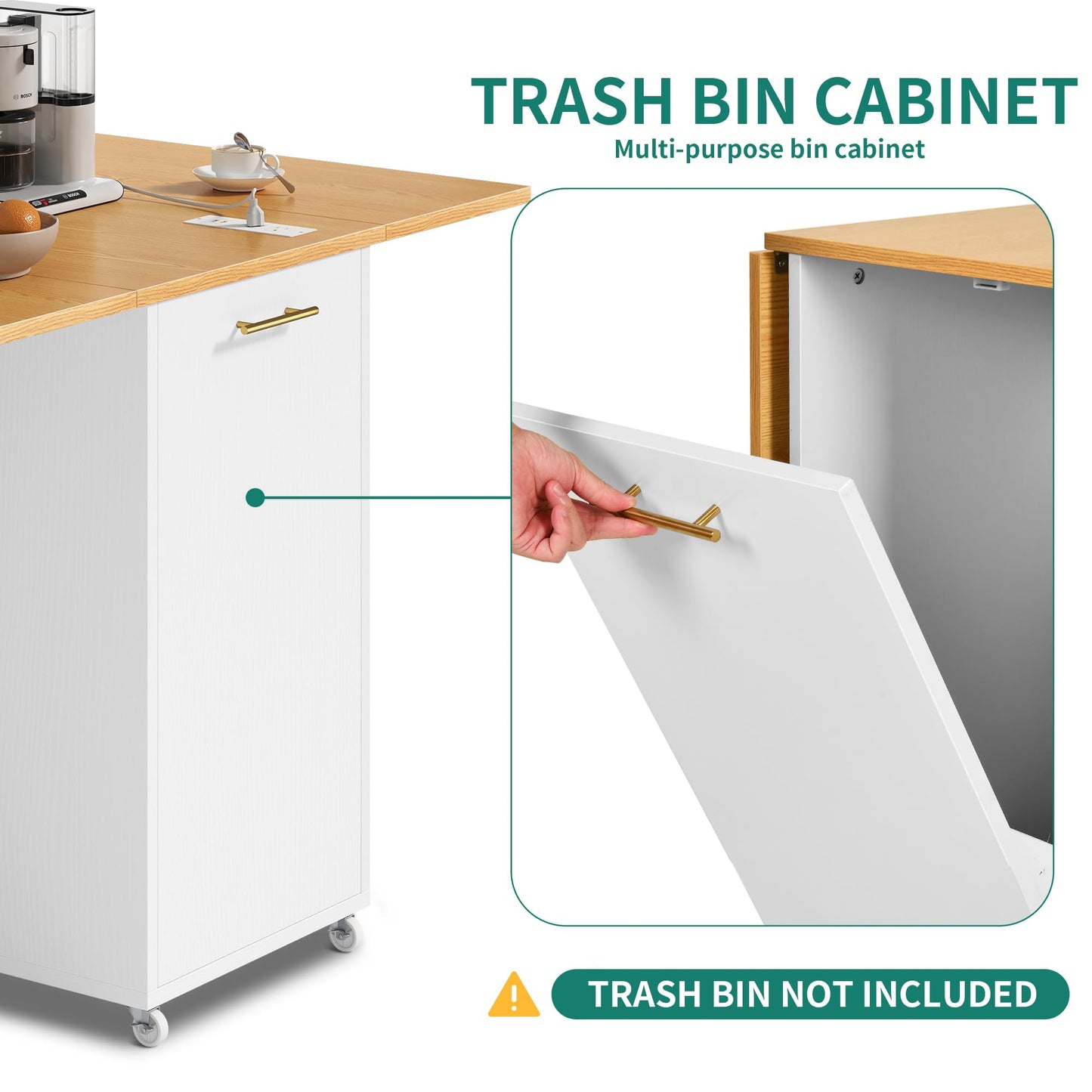 YITAHOME Folding Kitchen Table with Power Outlet, Drop Leaf Kitchen Table Islands for 2 on Wheels, Convertible Trash Can Storage Cabinet for 10 Gallon Garbage Bin, Adjustable Storage Racks, Wihte Oak