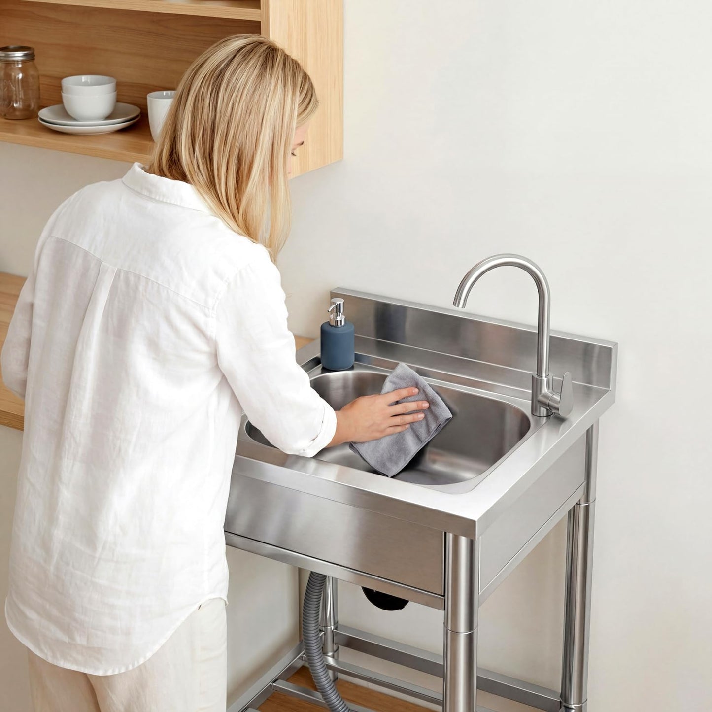 Free Standing Stainless-Steel Single Bowl Commercial Restaurant Kitchen Sink Set w/Faucet, Prep & Utility Washing Hand Basin w/Storage Shelve, laundry tub for Indoor Outdoor (22in)