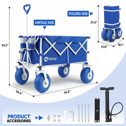 Sekey Heavy Duty Beach Wagon with 9" Wide Balloon Wheels, 600 lbs Capacity, 200L Large Foldable Wagon Cart, Adjustable Handle, All-Terrain Utility Cart for Beach Trips, Sports, and Outdoor Activities