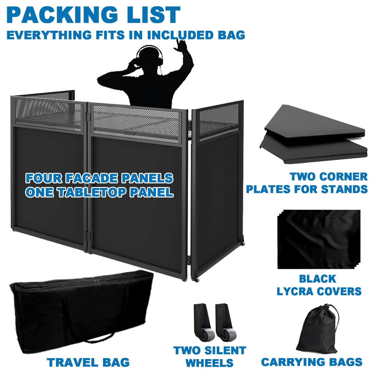 2026 Upgraded DJ Booth Stand Portable – 45"L x 25"W Foldable DJ Facade Booth with Dual Corner Panels, Wheels, Mobile DJ Controller Stand with Scrim & Carry Bag for Weddings, Parties & Events