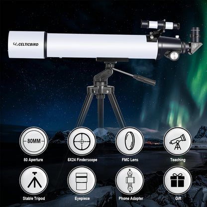 Celticbird Telescope for Adults Astronomy Beginners, 80mm Aperture 800mm Refractor Telescopes for Adults High Powered with AZ Mount, Carry Bag, Phone Mount