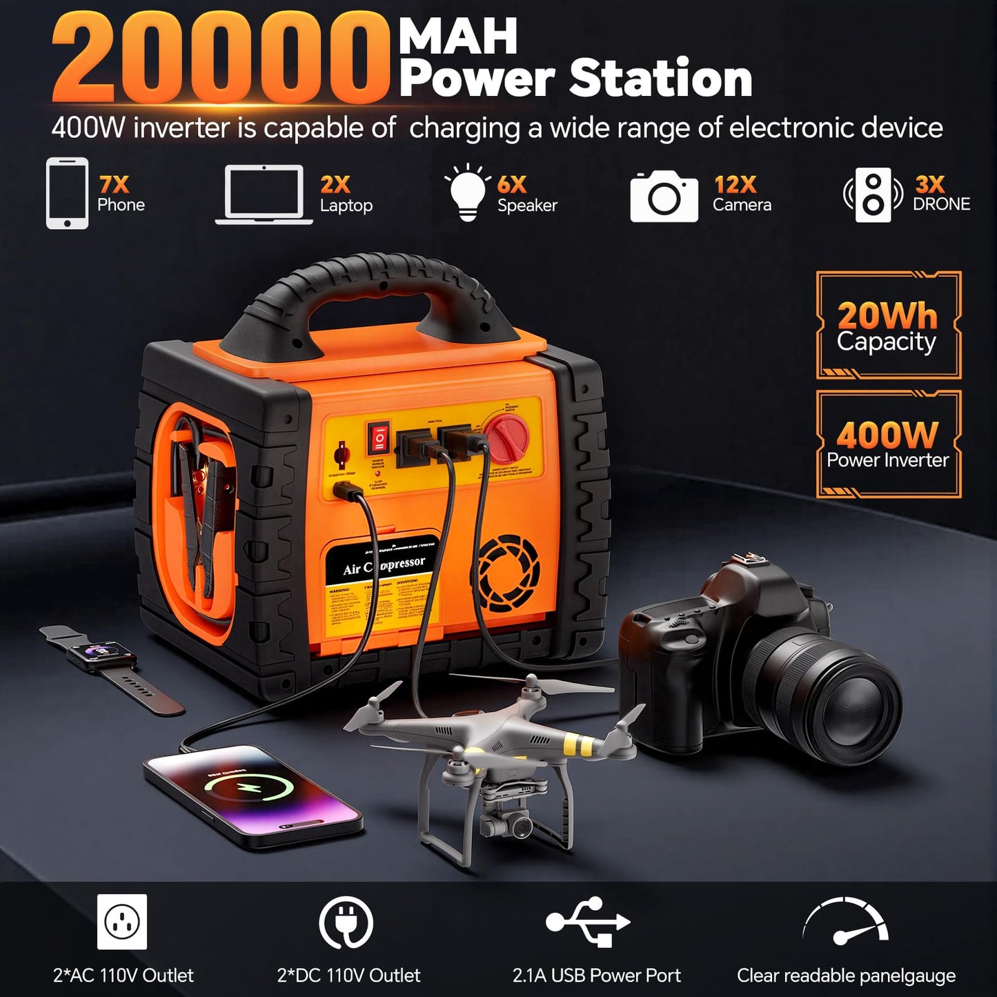 Portable Jump Starter with Air Compressor, FlyAuto 1800A Battery Booster for Cars, Trucks & SUVs, Up to 8.0L Gas & 6.0L Diesel, 150PSI Tire Inflator, Emergency Power Pack with AC/DC/USB
