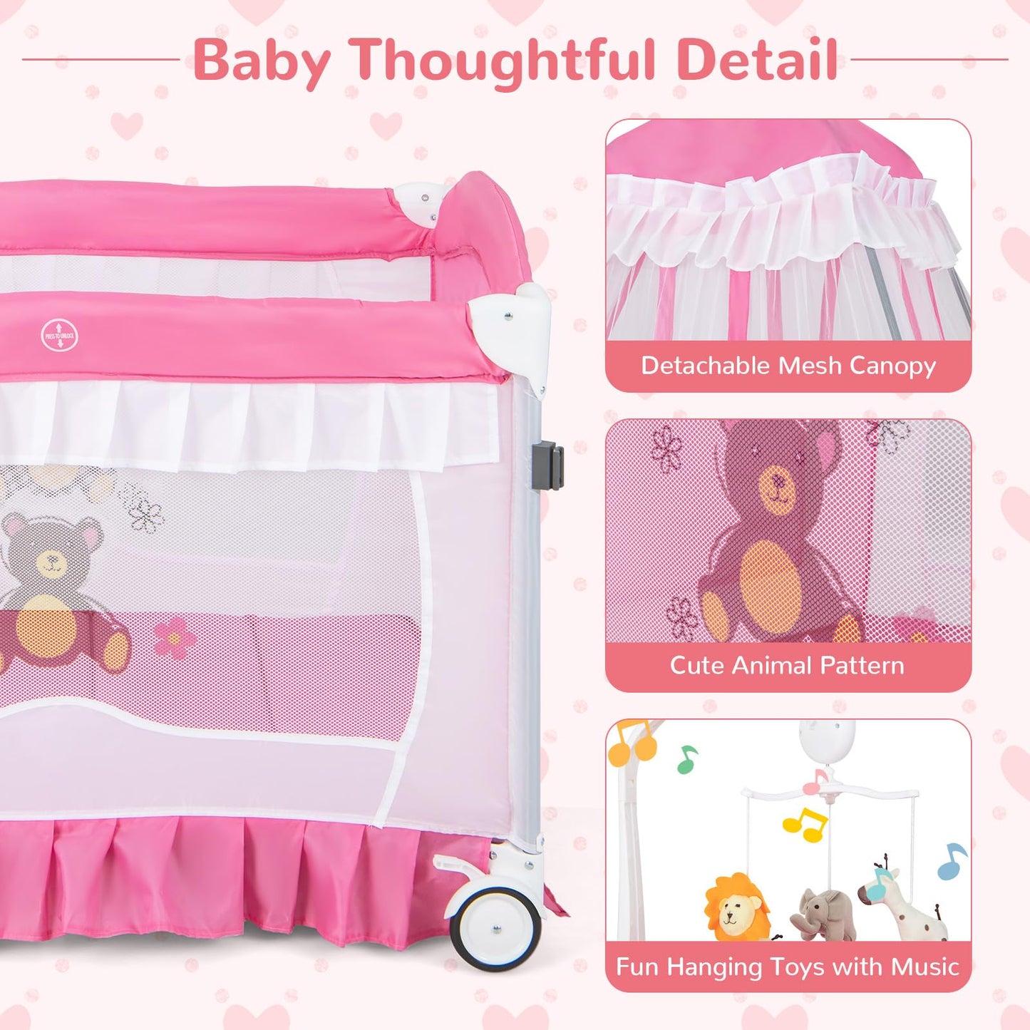 HONEY JOY 4-in-1 Pack and Play with Canopy, Portable Baby Playard w/Changing Table and Infant Bassinet, Cute Toys & Music, Foldable Bassinet for Newborn and Toddler (Hot Pink)