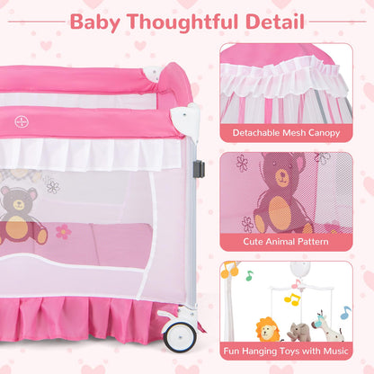 HONEY JOY 4-in-1 Pack and Play with Canopy, Portable Baby Playard w/Changing Table and Infant Bassinet, Cute Toys & Music, Foldable Bassinet for Newborn and Toddler (Hot Pink)