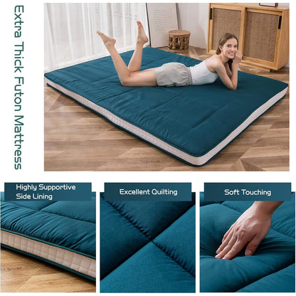 MAXYOYO Futon Mattress, Padded Japanese Floor Mattress Quilted Mattress Topper, Extra Thick Folding Sleeping Pad Breathable Floor Lounger Guest Couch for Camping, Bluestone, Queen