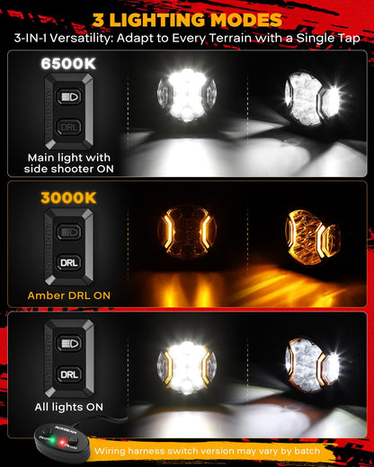 Auxbeam V-Ultra Series Side Shooter Light Bar, 5Inch 172W Round Offroad Lights LED Pods 20400LM, Amber DRL & Spotlight Dual Color 270° Wider Off Road Lighting with Protective Covers, Pair