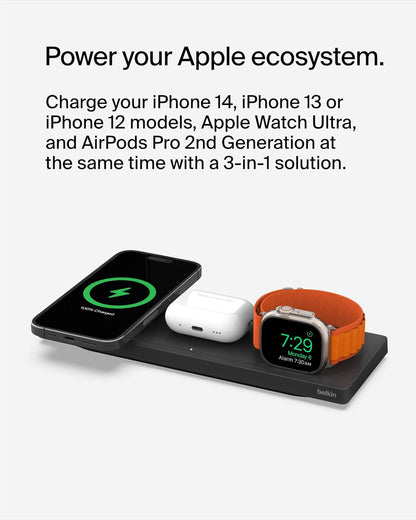 Belkin MagSafe 3-in-1 Wireless Charging Pad - Fast Wireless Charging for Apple Watch, iPhone 17, iPhone 16, iPhone 15, & iPhone 14 Series, & AirPods - Charging Station for Multiple Devices - Black