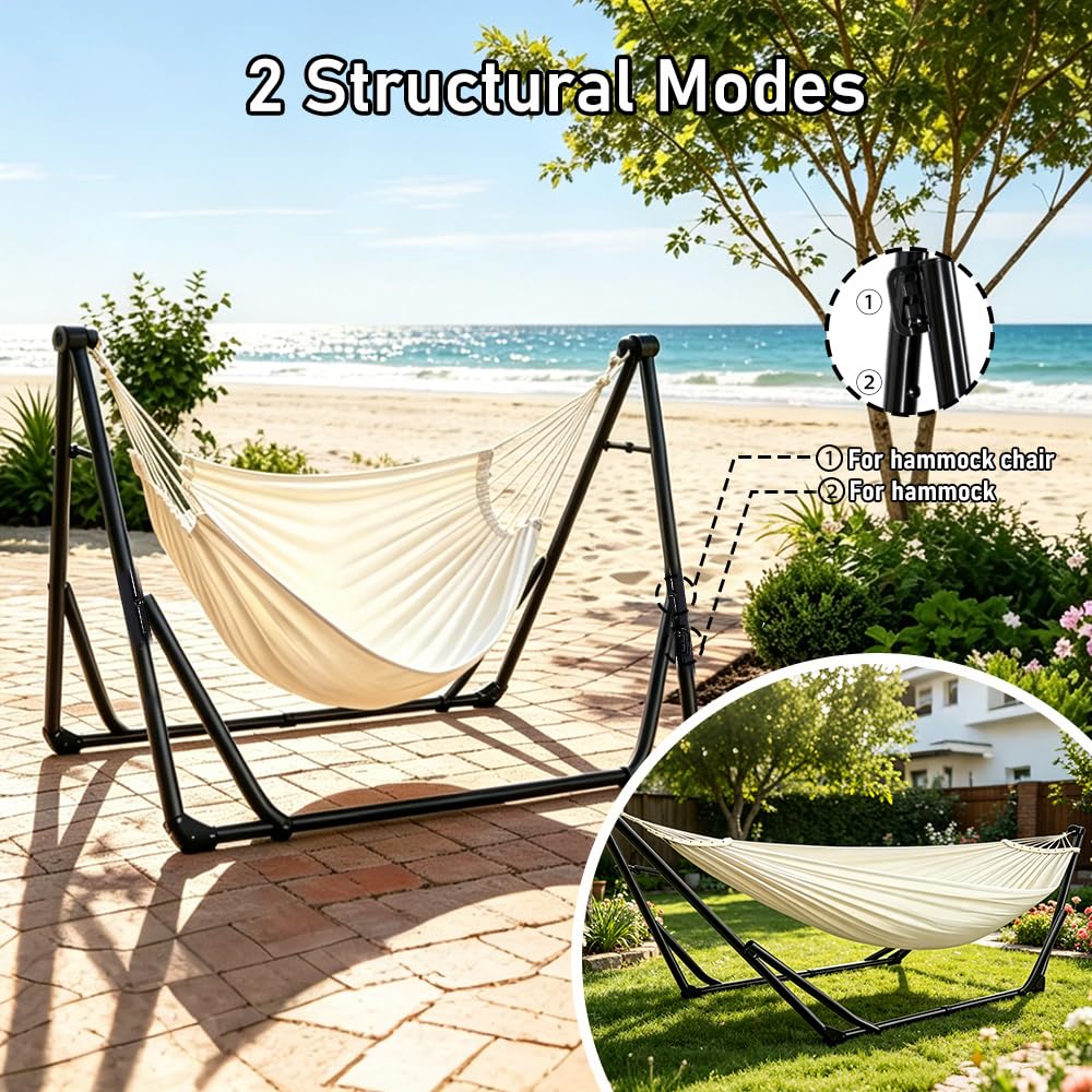 2-in-1 Hammock Chair with Stand for Adults, Portable Hammock with Collapsible Steel Frame, Adjustable Folding Design for Outdoor & Indoor Use, Patio, Camping, Travel, Supports 440 LBS