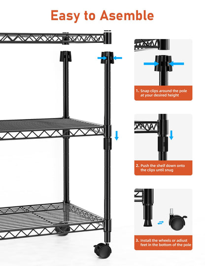 YSSOA 3-Tier Heavy Duty Storage Shelves 750Lb Capacity, 24.02" D x 13.78" W x 31.98" H Shelving Unit for Pantry, Garage, Laundry and Kitchen, Black, 2 Pack