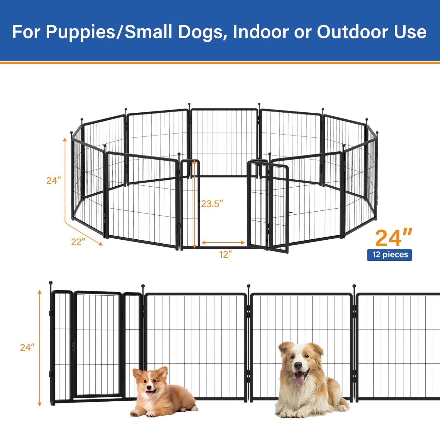 PETREEK Dog Playpen 24 inch 12 Panels for Indoor & Outdoor Use – Heavy-Duty Metal Pet Fence with Ground Stakes, Rounded Ball Tops for Safety, Stable & Foldable Design, Easy to Assemble