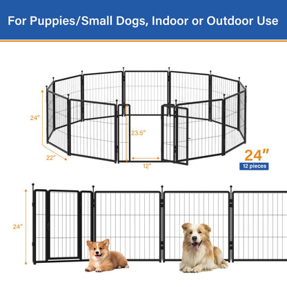 PETREEK Dog Playpen 24 inch 12 Panels for Indoor & Outdoor Use – Heavy-Duty Metal Pet Fence with Ground Stakes, Rounded Ball Tops for Safety, Stable & Foldable Design, Easy to Assemble