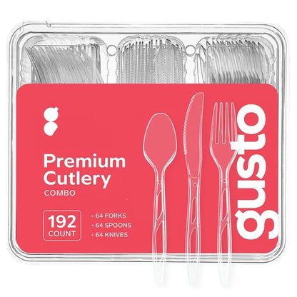 GUSTO [192 Combo Pack] Premium Heavyweight Disposable Clear Plastic Silverware - 64 Forks, 64 Spoons, 64 Knives, plastic utensils, Cutlery Set for Parties, Events, and Catering