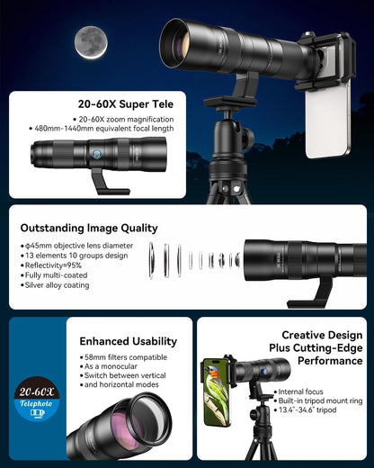 20-60X Zoom Telephoto Lens, Evil Eye High Power HD Telephoto Phone Lens with Tripod and Universal Phone Clip for iPhone 16/15/14/13 Series, Samsung, Android Phone and Most Smartphone