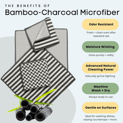 Severn Dish Cloths for Washing Dishes 4pk. Odor-Resistant Dish Rags with Non-Scratch Wire Scrubber Side for Kitchen Cleaning. Grime-Fighting Bamboo-Charcoal Microfiber 2-Sided Dishrags. Machine Wash