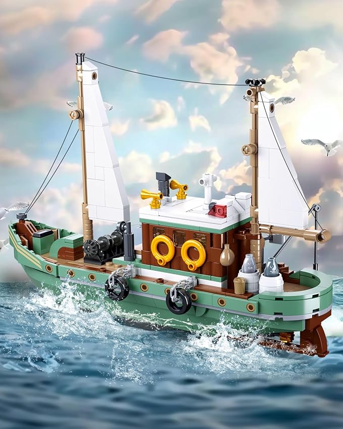 City Fishing Boat Building Kit with 3 Fisherman Minifigures Ship Building Sets with Fishing Rods &amp Buckets Christmas Birthday Gifts Toys for Kids Aged 6-12 Compatible with Lego Boat 610 PCS