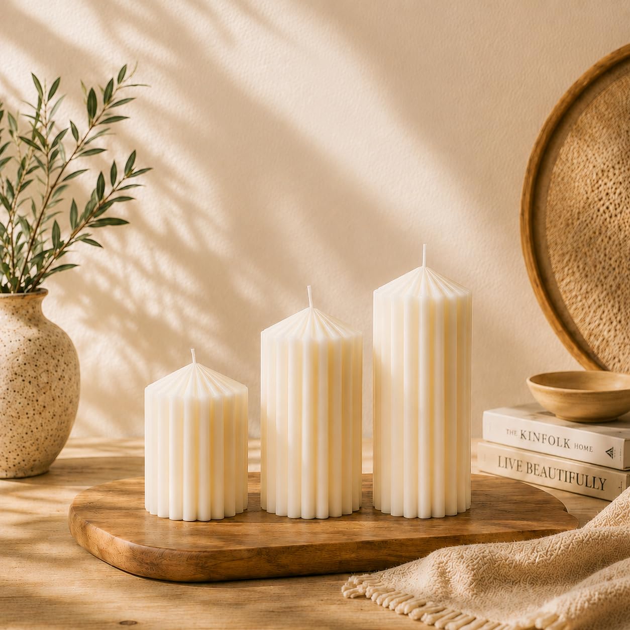 3 Pack White Ribbed Pillar Candles - Soy Wax Unscented, 2.76" x4.2/4.9/5.9 in Smokeless Non Toxic Cotton Wick, Aesthetic Modern Candles for Home Decor, Dinner Table, Living Room, Housewarming Gift