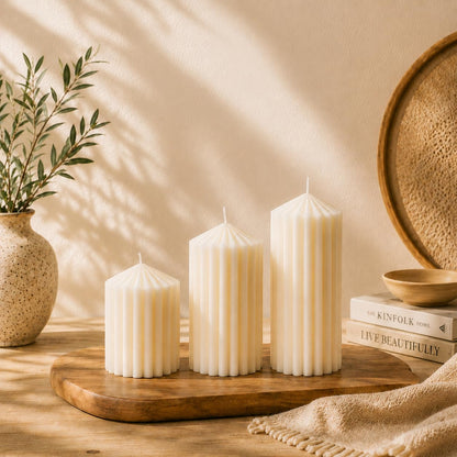 3 Pack White Ribbed Pillar Candles - Soy Wax Unscented, 2.76" x4.2/4.9/5.9 in Smokeless Non Toxic Cotton Wick, Aesthetic Modern Candles for Home Decor, Dinner Table, Living Room, Housewarming Gift