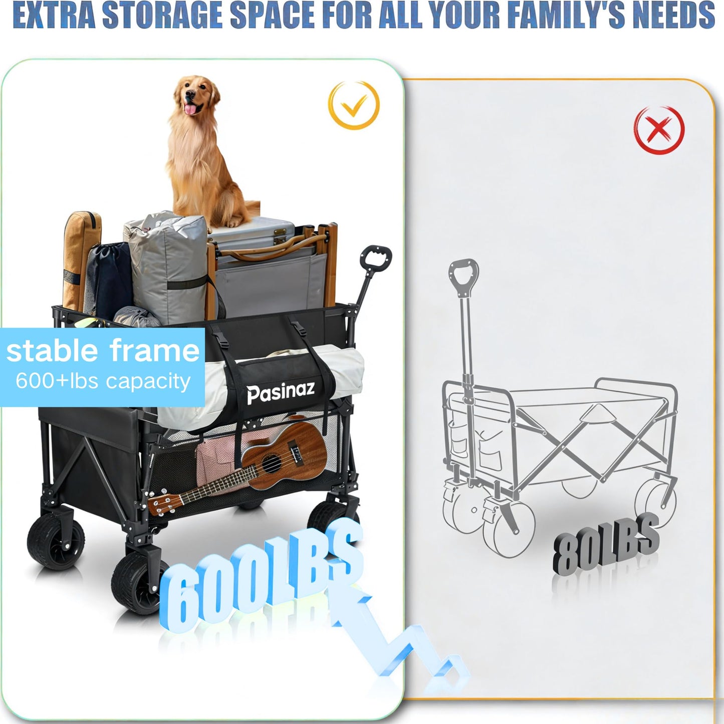 700lb Double Decker Wagon Collapsible Cart Foldable Heavy Duty Wagon Collapsible，400L,54" Extended Foldable Cart with Wheels for Camping Fishing & Outdoor Use, Beach cart，